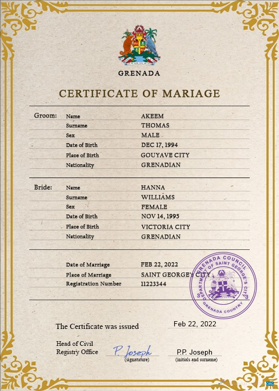 Download Grenada marriage certificate PSD template Photoshop template